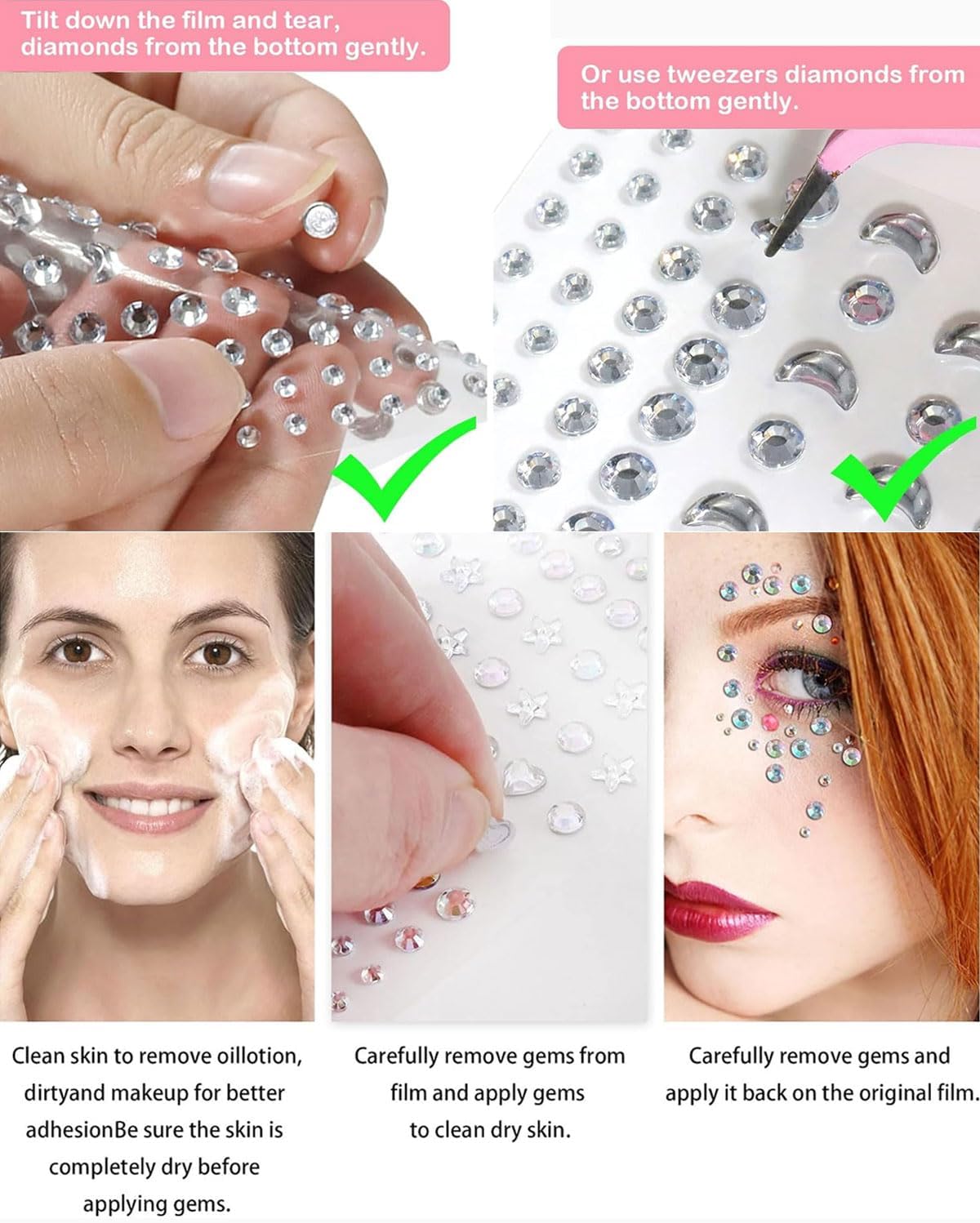 Zeayebsr 5 Pieces Rhinestone Stickers Glitter Make Up, Rhinestone Stickers Glitter Face Stickers with Tweezers for Festival DIY Nail Art Face Decoration Party Accessories (Multiple Shapes)
