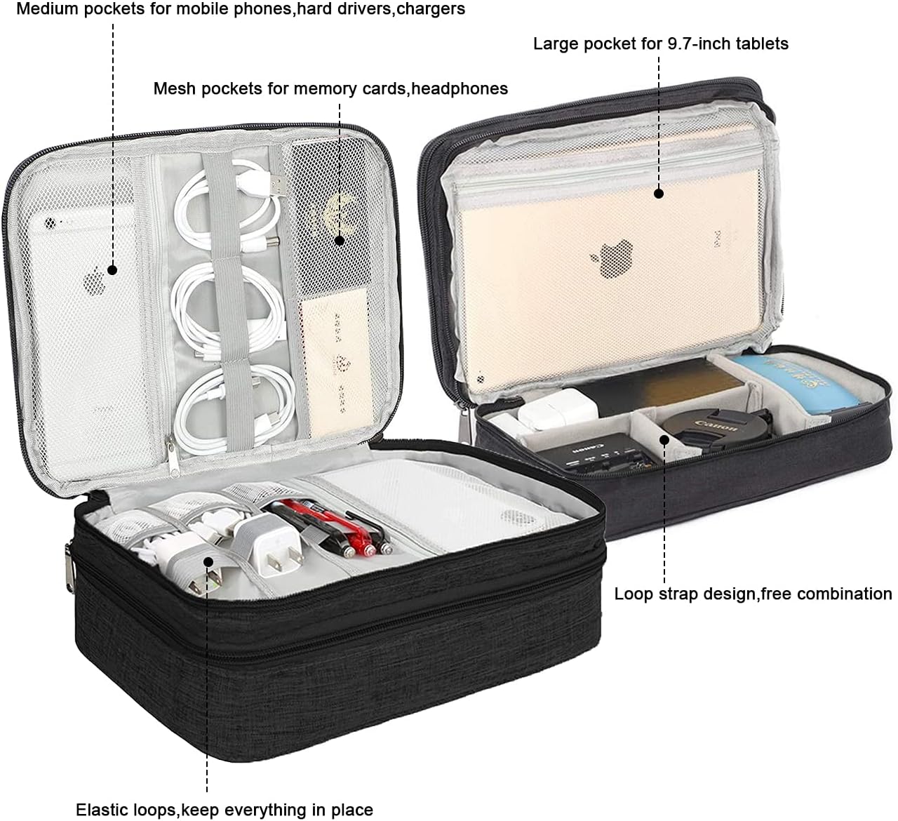 Electronic Organizer Bag Universal Travel Carry Bag Double Layer Cable Charger Adapter Mouse Mobile Phone Charging Cable Black