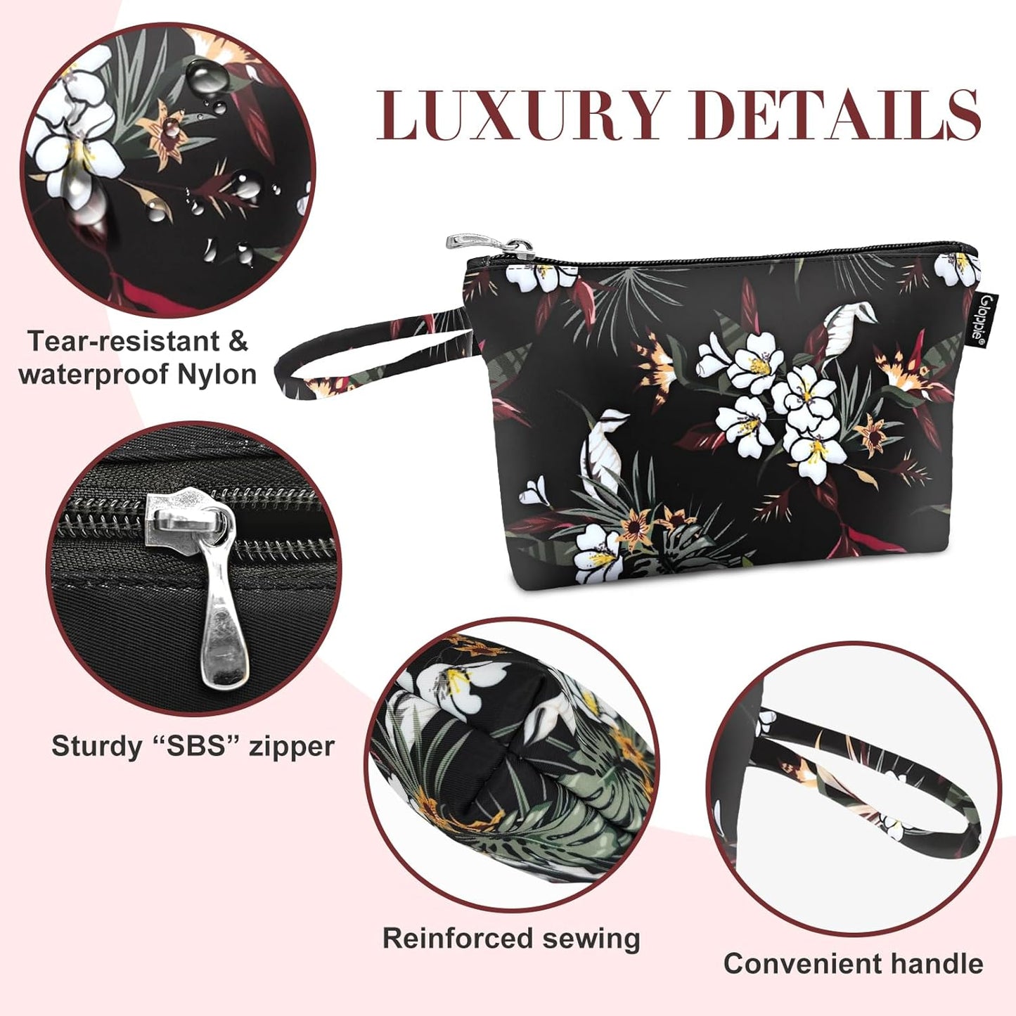 Gloppie Large Makeup Bag, Travel Cosmetic Bag with Zip, Makeup Bag for Professional Make-Up Artist, Travel Make up Bag Beauty Case, White Flower