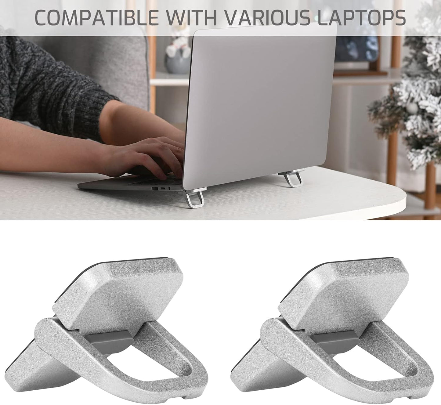 Bidponds 2 PCS Portable Invisible Laptop Stand, Mini Aluminum Feet Lifter, Self-Adhesive Foldable Cooling Riser, Computer Keyboard Mount Kickstand for 12-17 Inches Laptops, Silver