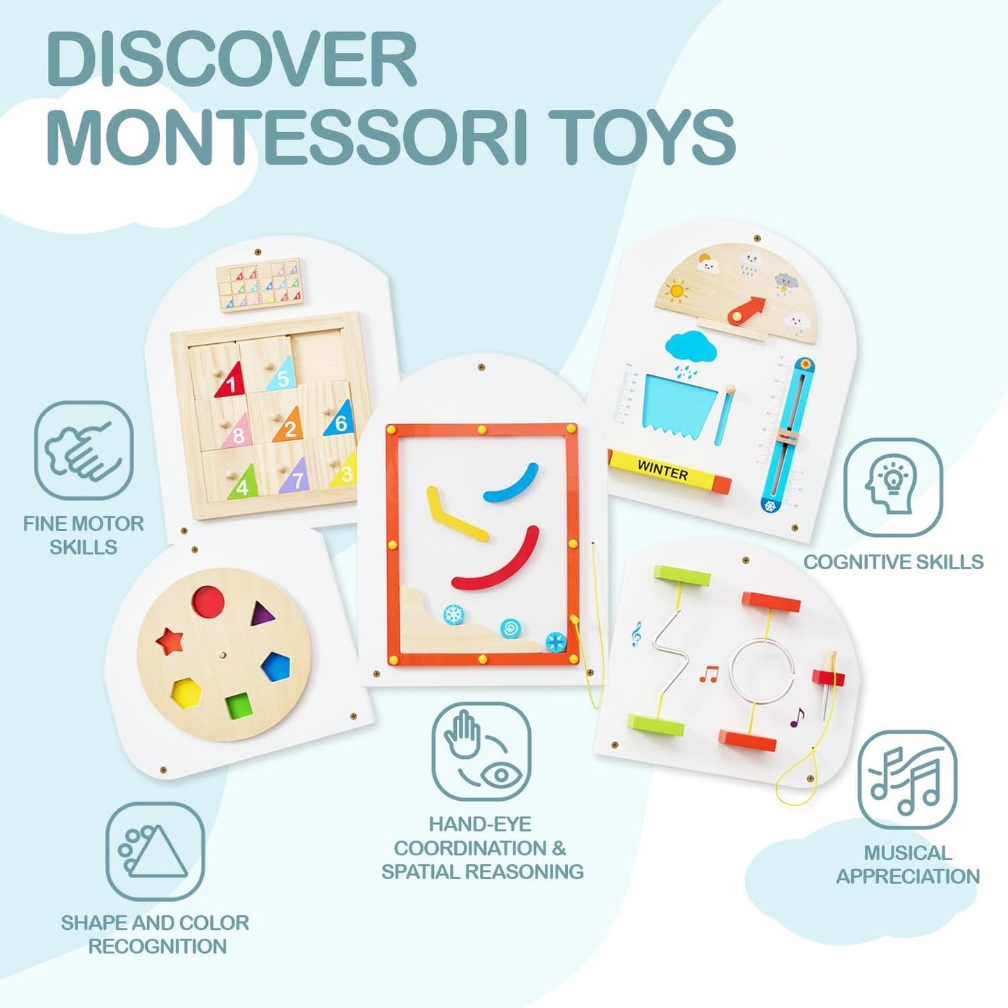 Monläurd® Cloud Montessori Busy Board, Sensory Board, Interactive Toys, Wooden Toys, Learning Toys, Boys and Girls 6 M+