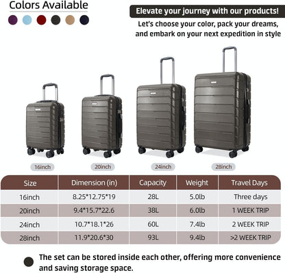 TRACK TRAVEL 4 Piece Luggage Set ABS+PC Expandable Hardshell TSA Lock Aluminum Trolley Spinner Wheels (Dark Grey, 4 Piece Set)