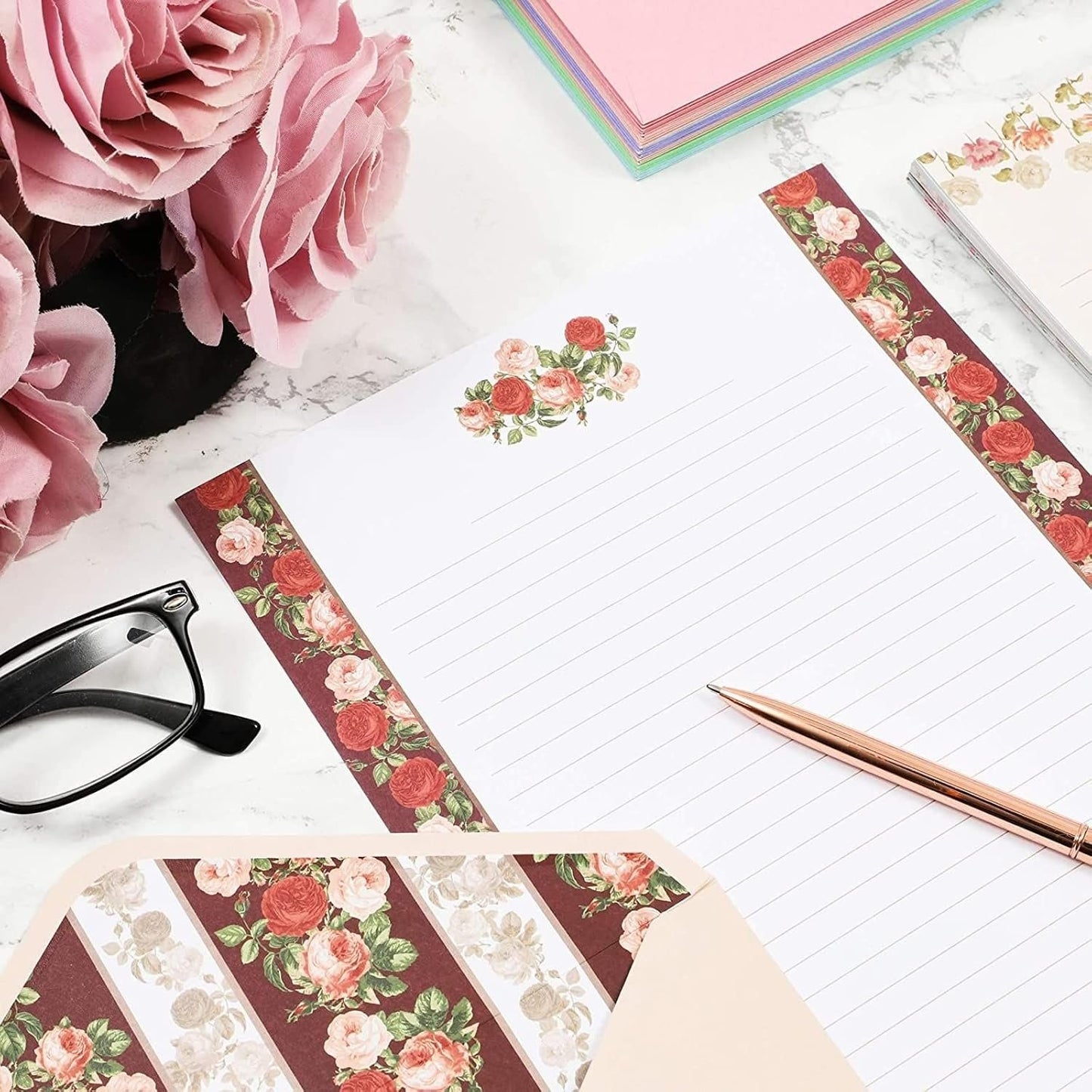 60 Sheets Vintage Floral Stationary with 30 Envelopes, Letter Writing Paper for Poems, Thank You Notes, Pen Pal, Scrapbook, Calligraphy (6 Designs, 10.2 x 7.25 in)