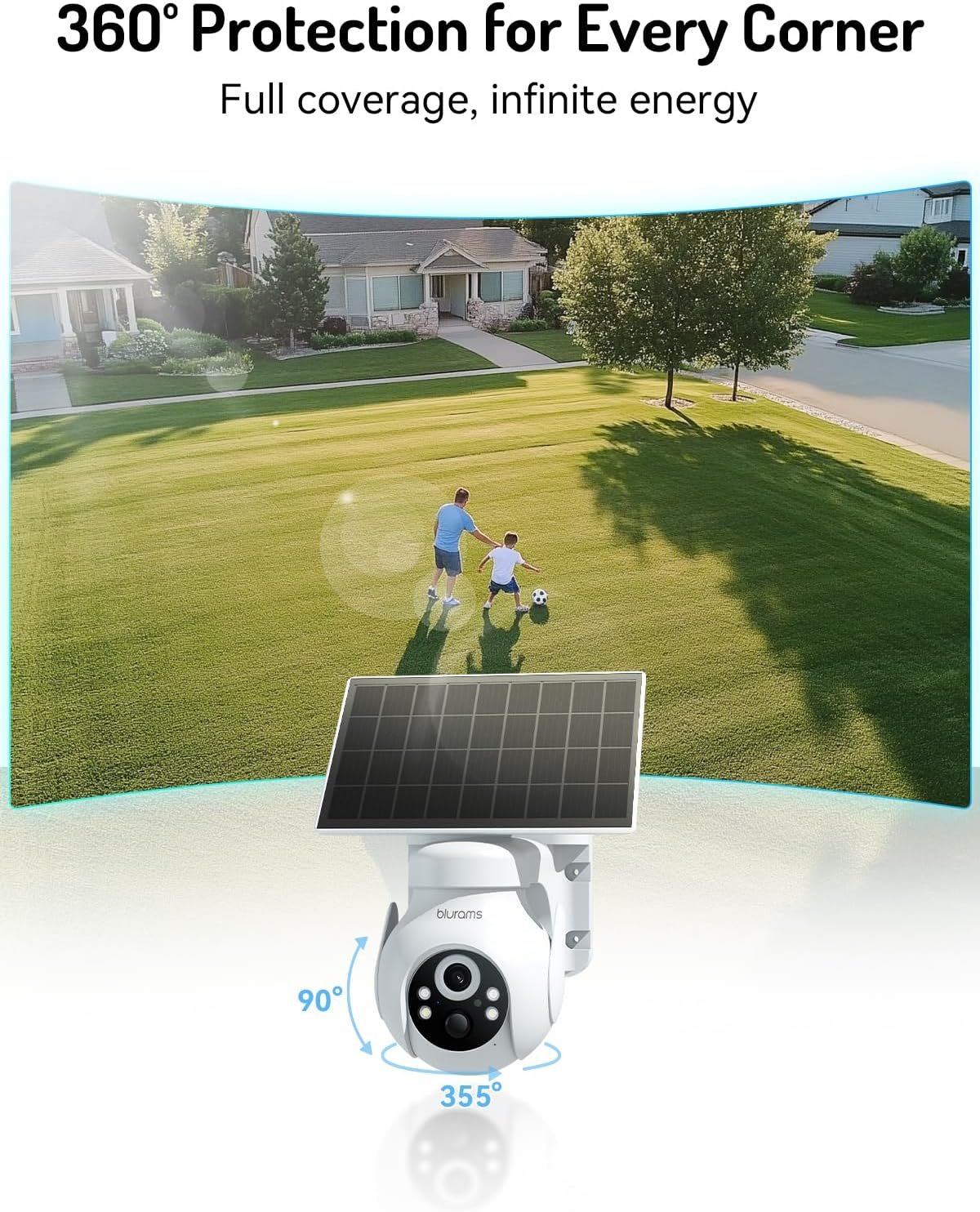 blurams Outdoor Camera Wireless w/Solar Panel, 360° PTZ Security Cameras Wireless Outdoor with Human Auto Tracking, 2K IR/Color Night Vision, IP65 Weatherproof, Battery Powered, 2.4GHz Only