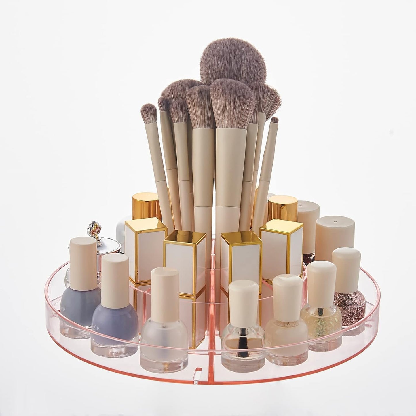 SUNFICON Rotating Makeup Holder Organizer Crystal Pink 360 Rotation Cosmetic Storage Stand Acrylic Makeup Turntable Spin Display Stand Bathroom Vanity Dressing Table Gift Girl Ladt Women