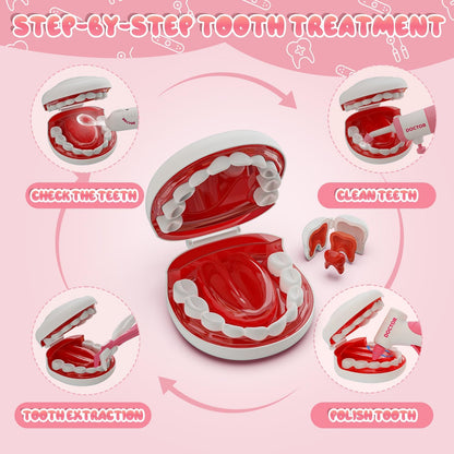 Toy Doctor Kit for Toddlers, Kids Dentist Play Set with Dentist Chair, Doll Toy, Stethoscope, Large Carrying Storage Bag, Dental Accessories, Pretend Doctor Play Medical Gift Kit for Girls Pink