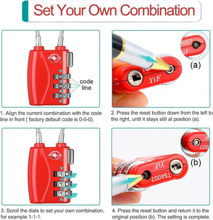 Luggage Locks 2 Pack, TSA Cable Travel Lock, Safe Padlock for Gym, School, Suitcases, Baggage, Small Cabinets, Computer Bags