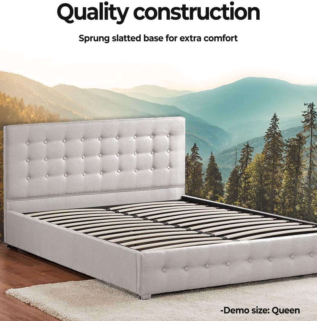 Levede Bed Frame Base with Gas Lift Storage Double Size Beige Platform Fabric