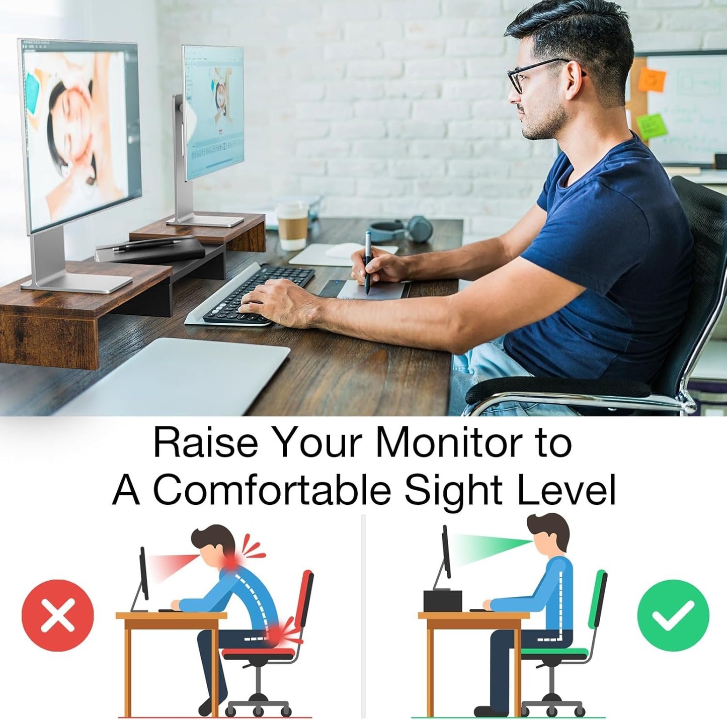 Rfiver Dual Monitor Stand, Desk Monitor Riser with 48.2" Adjustable Length and Angle, Computer Monitor Stand for Desk Riser Shelf, Office Supplies, Computer Accessories, Brown