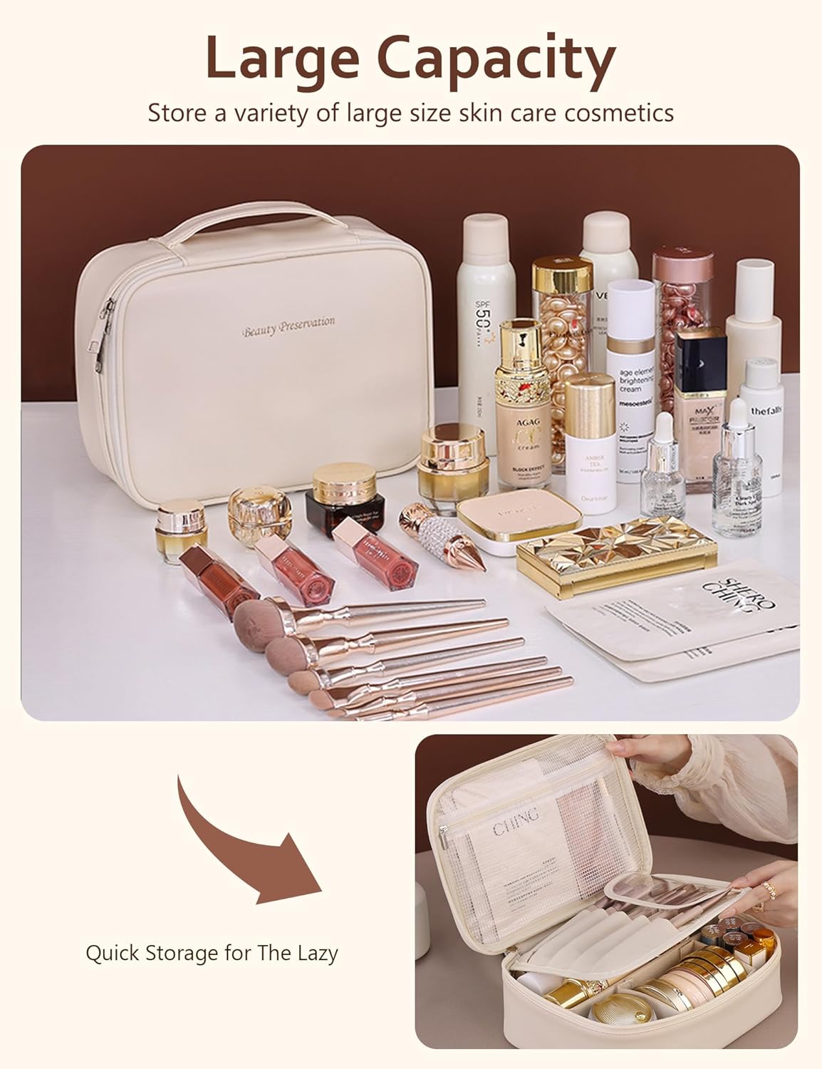Travel Makeup Bag,Large Cosmetic Bag Case,Waterproof Portable Make Up Bag with Dividers Cosmetics Makeup Brushes Toiletry Jewelry Accessories for Women Girls,Traveler,Christmas (B-Khaki)