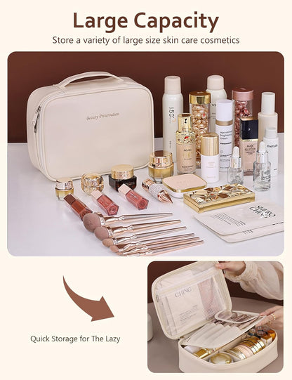 Travel Makeup Bag,Large Cosmetic Bag Case,Waterproof Portable Make Up Bag with Dividers Cosmetics Makeup Brushes Toiletry Jewelry Accessories for Women Girls,Traveler,Christmas (B-Khaki)