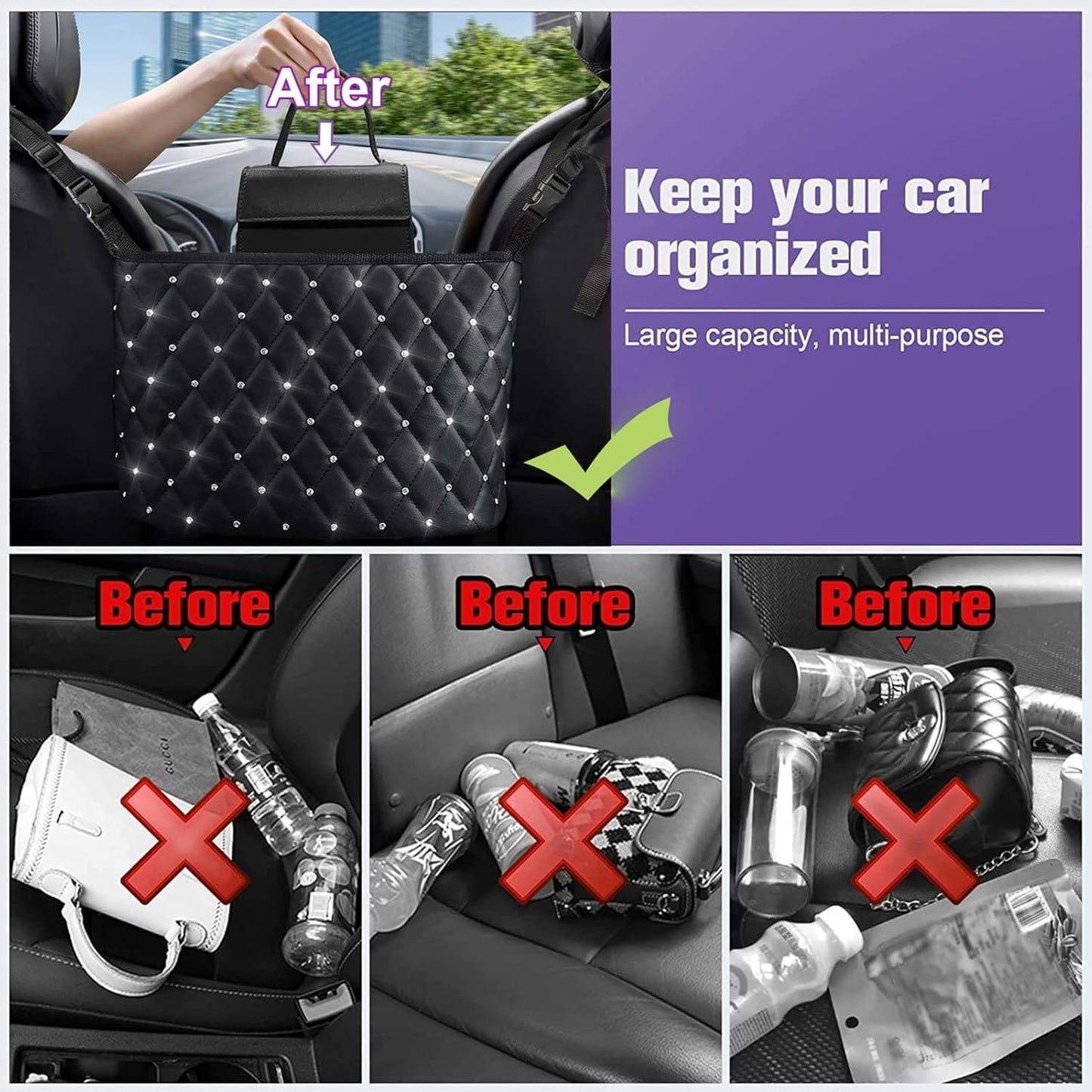 Leberna Car Seat Handbag Holder Pocket - Leather Storage Net Pocket with Diamond Bling Handbag Holder Between Car Seat Black Car Organizer