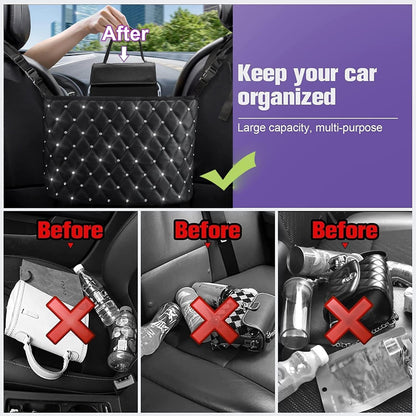 Leberna Car Seat Handbag Holder Pocket - Leather Storage Net Pocket with Diamond Bling Handbag Holder Between Car Seat Black Car Organizer