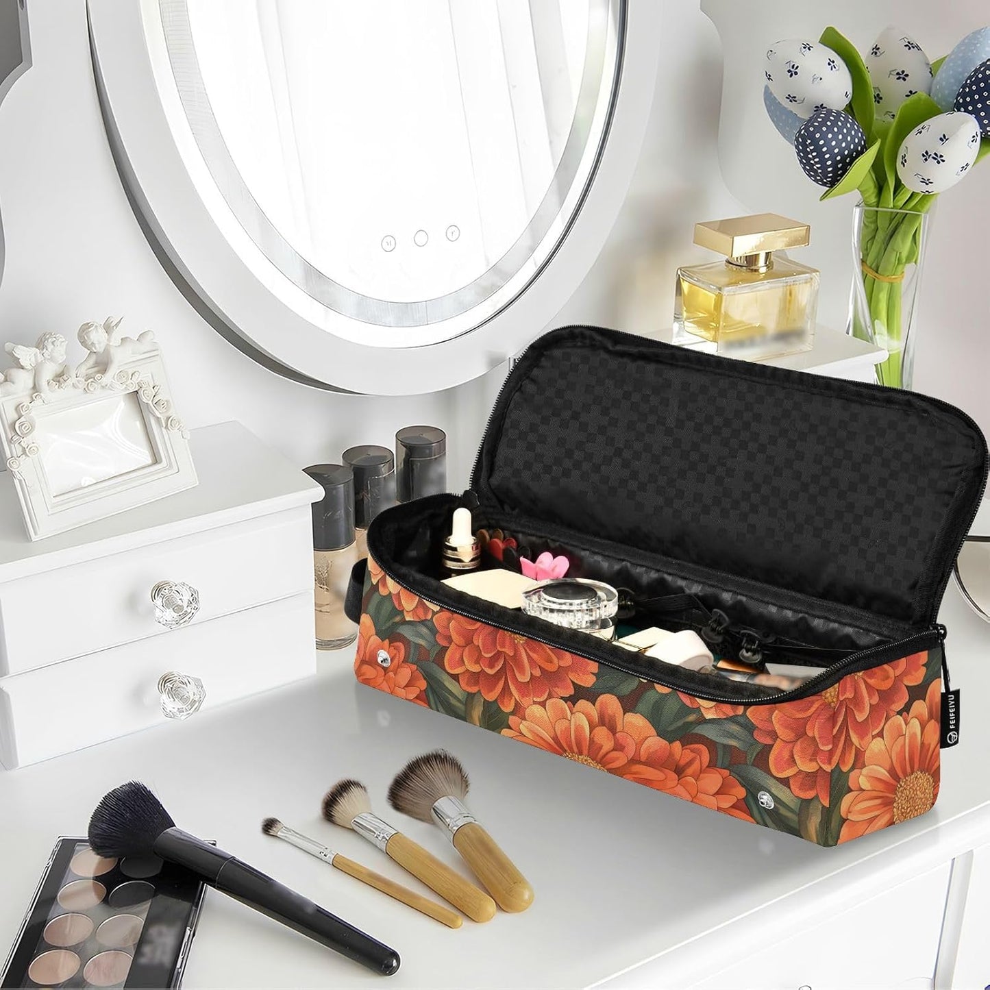 Borsa da viaggio per strumenti per capelli con motivo floreale arancione e tappetino resistente al calore, custodia da viaggio portatile per strumenti caldi e accessori per la cura dei capelli