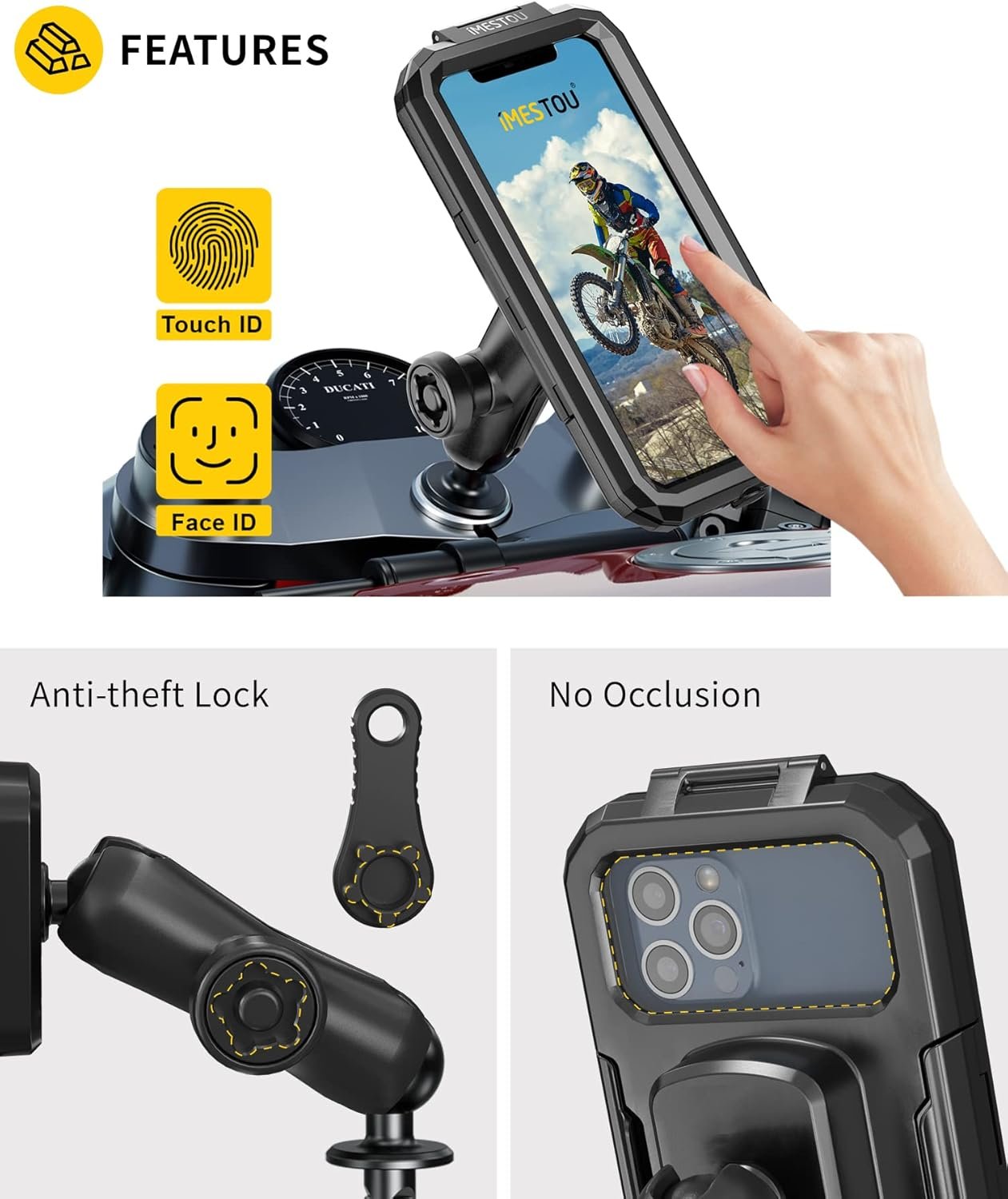 iMESTOU Waterproof Phone Holder for Motorcycle Fork Stems Anti-Theft Double Arm Socket B Aluminum Ball Base 720° Rotation for 3.5"-6.1" Smartphone (S)