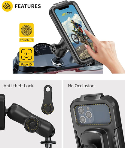 iMESTOU Waterproof Phone Holder for Motorcycle Fork Stems Anti-Theft Double Arm Socket B Aluminum Ball Base 720° Rotation for 3.5"-6.1" Smartphone (S)