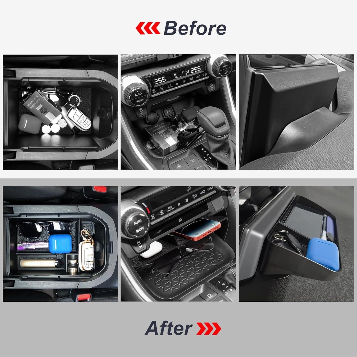 Neepiar 3PCS Center Console Organizer Tray and Armrest Storage Box Compatible with Toyota RAV4 2019-2022 2023 2024 2025 Dash Storage Tray Interior Accessories-Not for New 10.5'' Multimedia Display