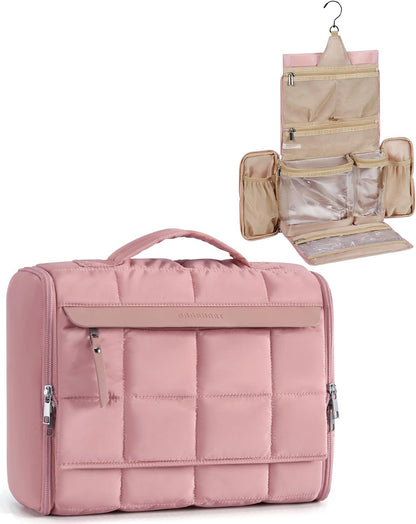 BAGSMART Travel Toiletry Bag, Extra Large Full-open Hanging Toiletry Bag for Women, Puffy Cosmetic Makeup Bag Organizer with Handle for Accessories, Essentials, Toiletries, Dark Pink, Lightweight