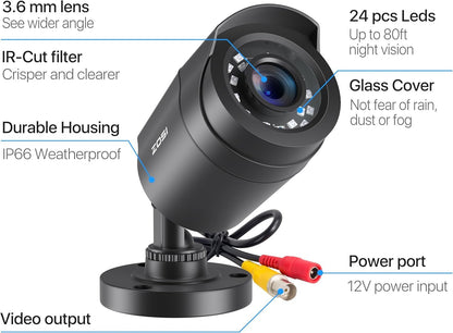 ZOSI 4 Pack 2MP HD Security Cameras Kit, Home CCTV Bullet Camera for 4K/5MP/1080P HD-TVI Analog DVR System, 80ft Night Vision, for Indoor Outdoor(Black)
