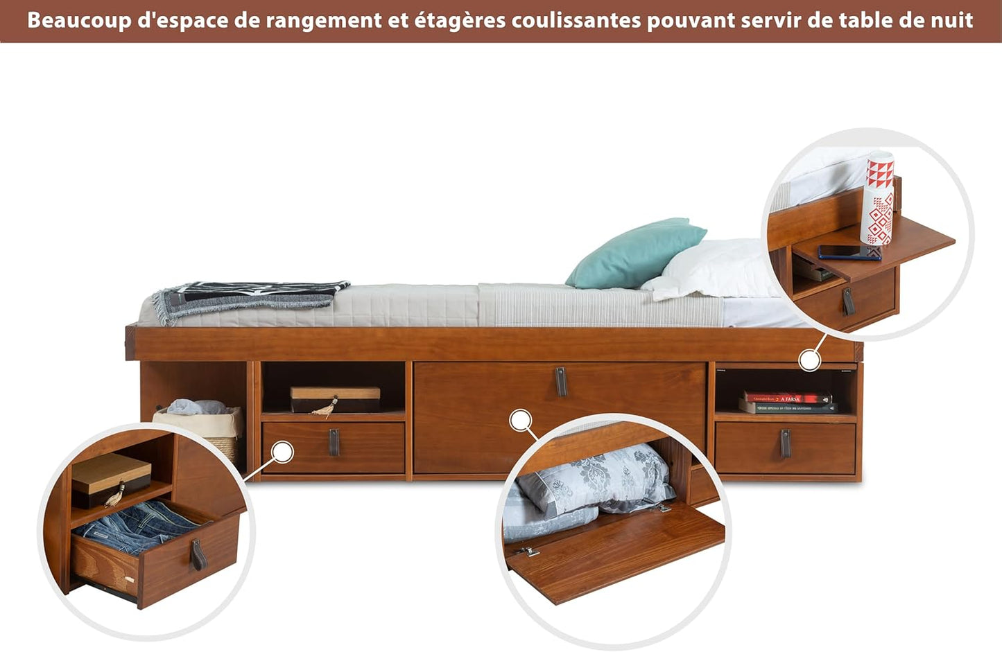 Bali Double Drawer Bed (160 x 200 cm) Caramel – Plenty of Storage Space and Drawers, Ideal for Small Rooms – Bed with Solid Wood Storage Box – Price Includes Slatted Base