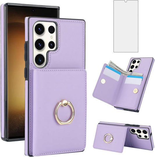 Asuwish Phone Case for Samsung Galaxy S23 Ultra 5G with Tempered Glass Screen Protector and RFID Card Holder Slot Ring Kickstand Cell Accessories S23Ultra 23S S 23 23Ultra 6.8 inch Women Men Purple