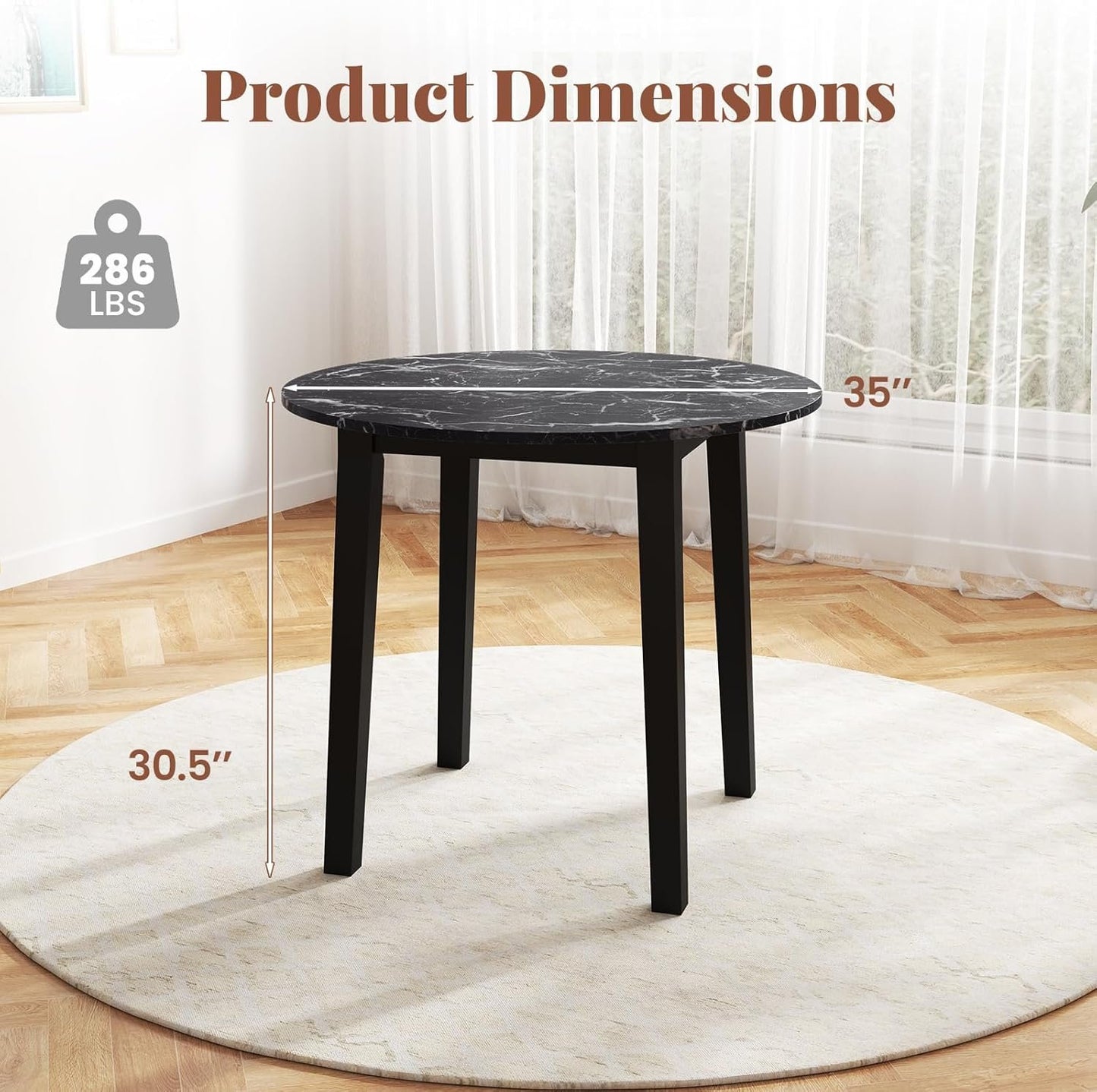 Giantex 35” Round Dining Table - Kitchen Table with Rubber Wood Legs, Marble-Textured Veneer Tabletop, Leisure Table for 2 to 4 Person, Dinette Table for Living Room, Breakfast Table (Black)