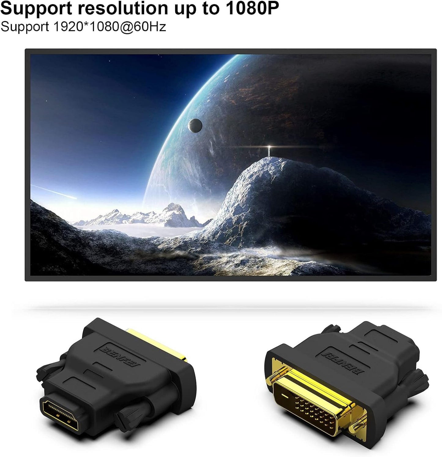 DVI to HDMI, BENFEI Bidirectional DVI (DVI-D) to HDMI Male to Female Adapter with Gold-Plated Cord 2 Pack