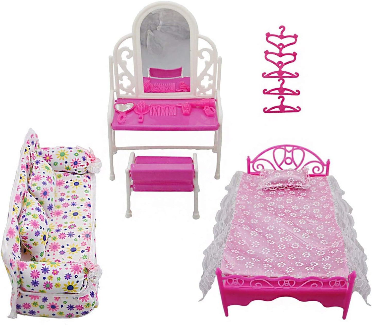 Yudanny 8 Pieces/Set Furniture Accessories Princess Set Dresser Gift + Sofa Set + Bed Set + Hangers for Bedroom Barbie Doll