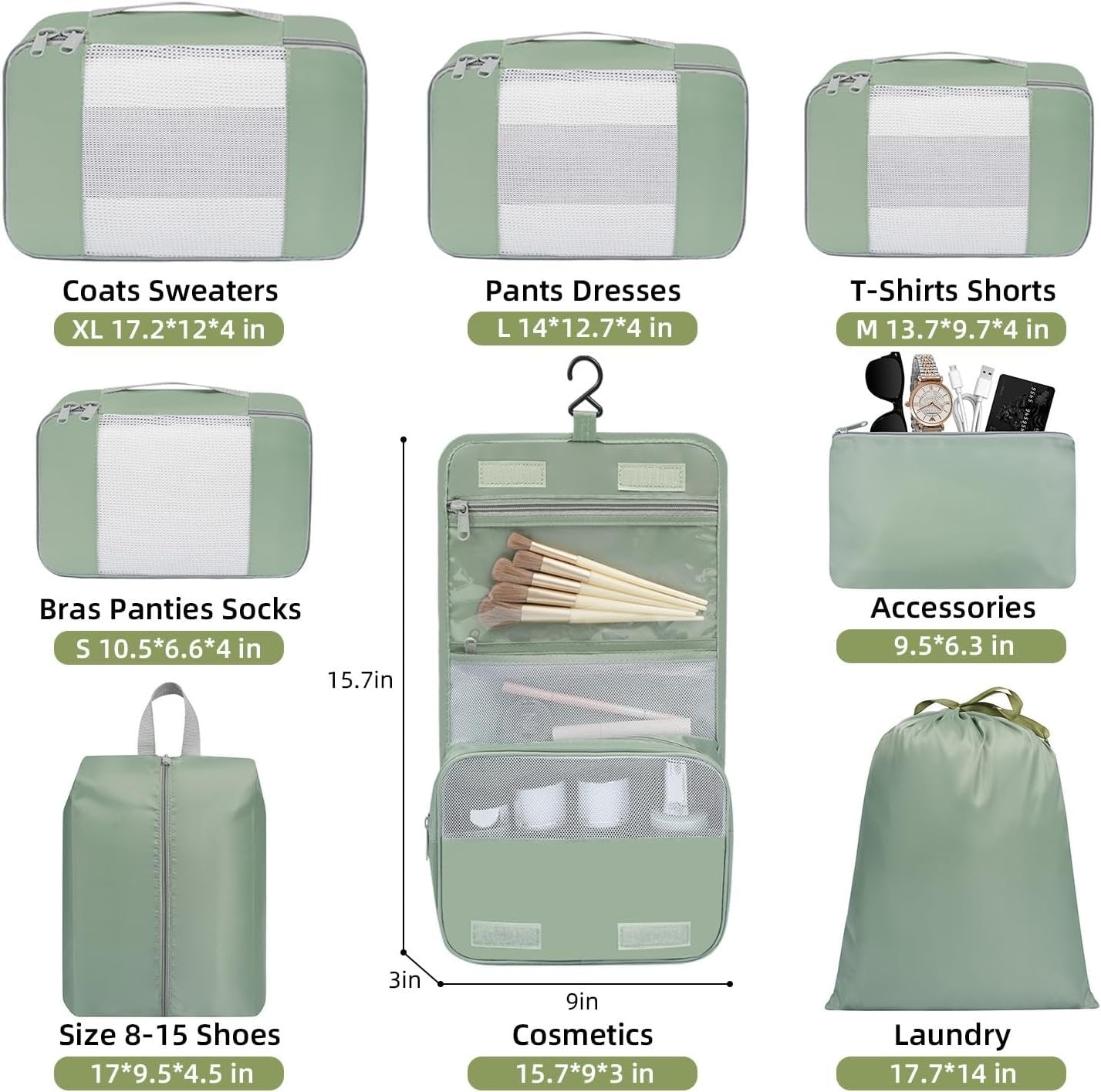 BAGAIL 8 Set Packing Cubes Various Sizes Packing Organizer for Travel Accessories Luggage Carry On Suitcase-Matcha Green