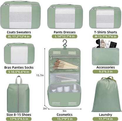 BAGAIL 8 Set Packing Cubes Various Sizes Packing Organizer for Travel Accessories Luggage Carry On Suitcase-Matcha Green