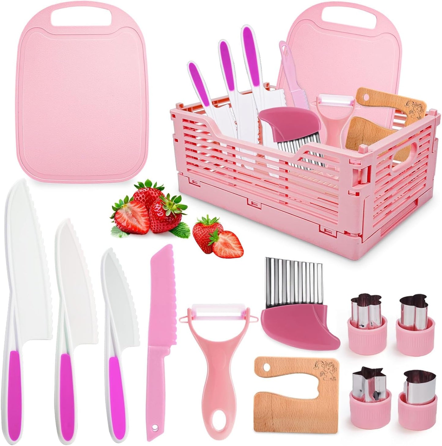 Kids Knife Set for Girls, Vingtank Real Cooking Toys for 3 4 5 6 7 Year Old Girl Gifts Montessori Kitchen Tools for Toddlers Girls Toys Age 3-5 4-6 Cutting Board Safe Knives Birthday Gift Pink