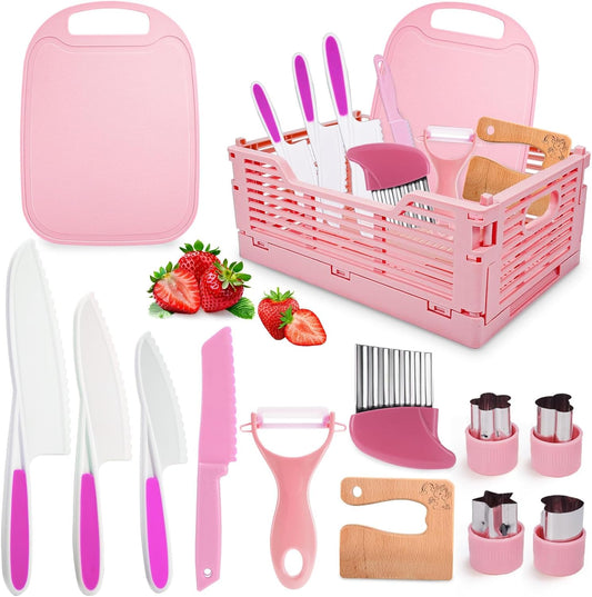 Kids Knife Set for Girls, Vingtank Real Cooking Toys for 3 4 5 6 7 Year Old Girl Gifts Montessori Kitchen Tools for Toddlers Girls Toys Age 3-5 4-6 Cutting Board Safe Knives Birthday Gift Pink