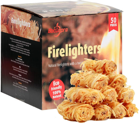 Bbcuepro All Natural Charcoal Fire Starters - 50 PCS Lightning Fast Lighters for Barbecue Grill, BBQ Charcoal, Campfire, Fireplace, Wood Stove, Smoker and More