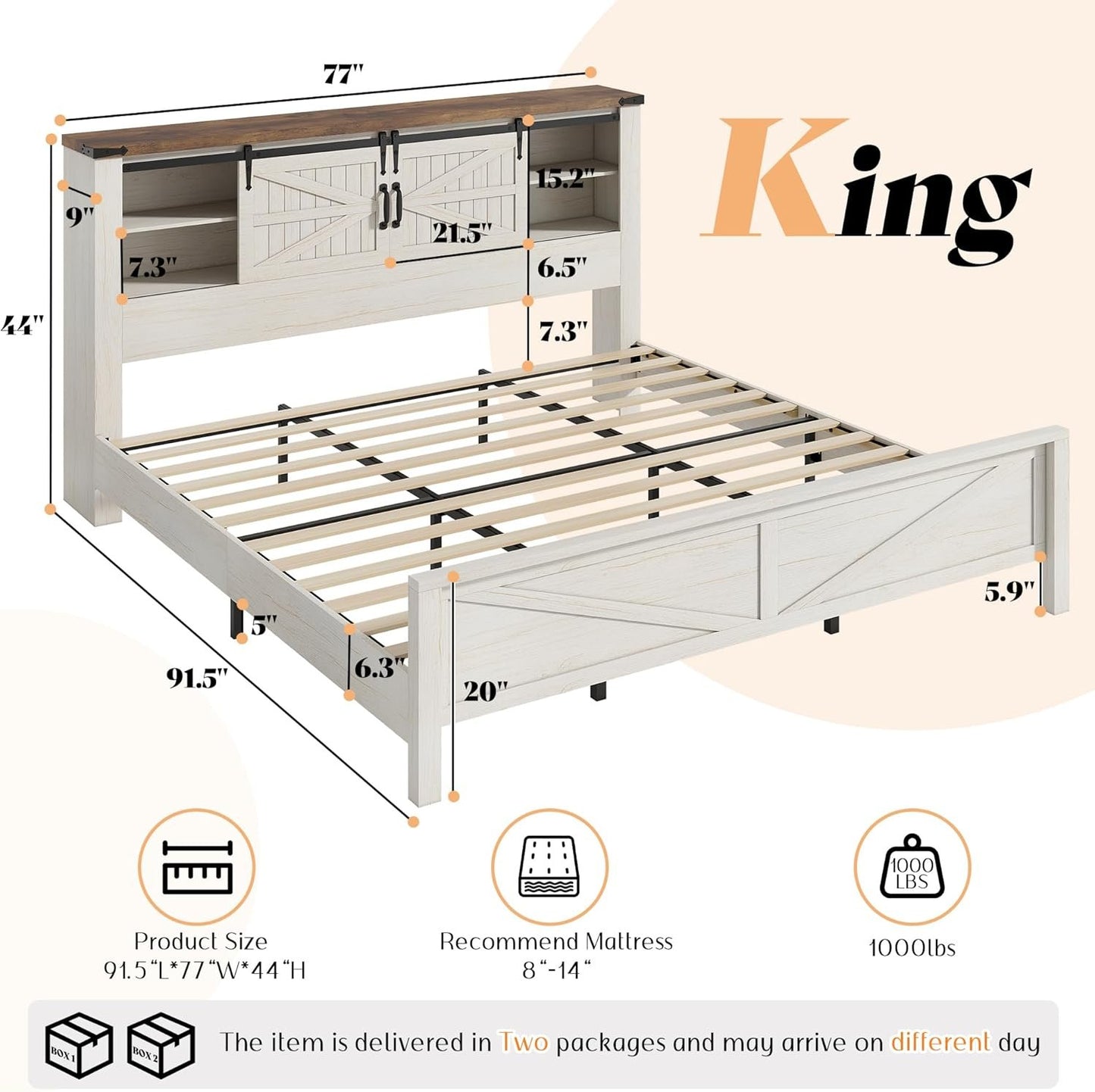 Jocisland Farmhouse Bed Frame with Sliding Barn Door Storage Headboard, Queen Size Bookcase Bed with Charging Station & Adjustable Shelf, No Box Spring Needed, Antique White