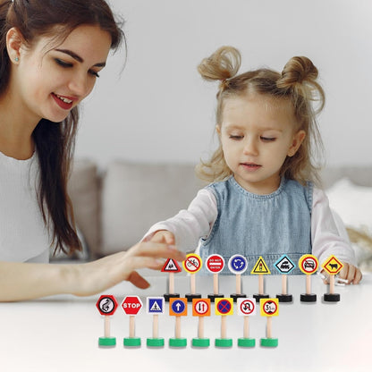 Kidstraffic Road Signs, 16x Street Traffic Signs Play Toy, Early Learning Game, Crosswalk Signal Blocks, Wooden Stop Safety Game For Education, 9.06x7.09x1.18 Inches