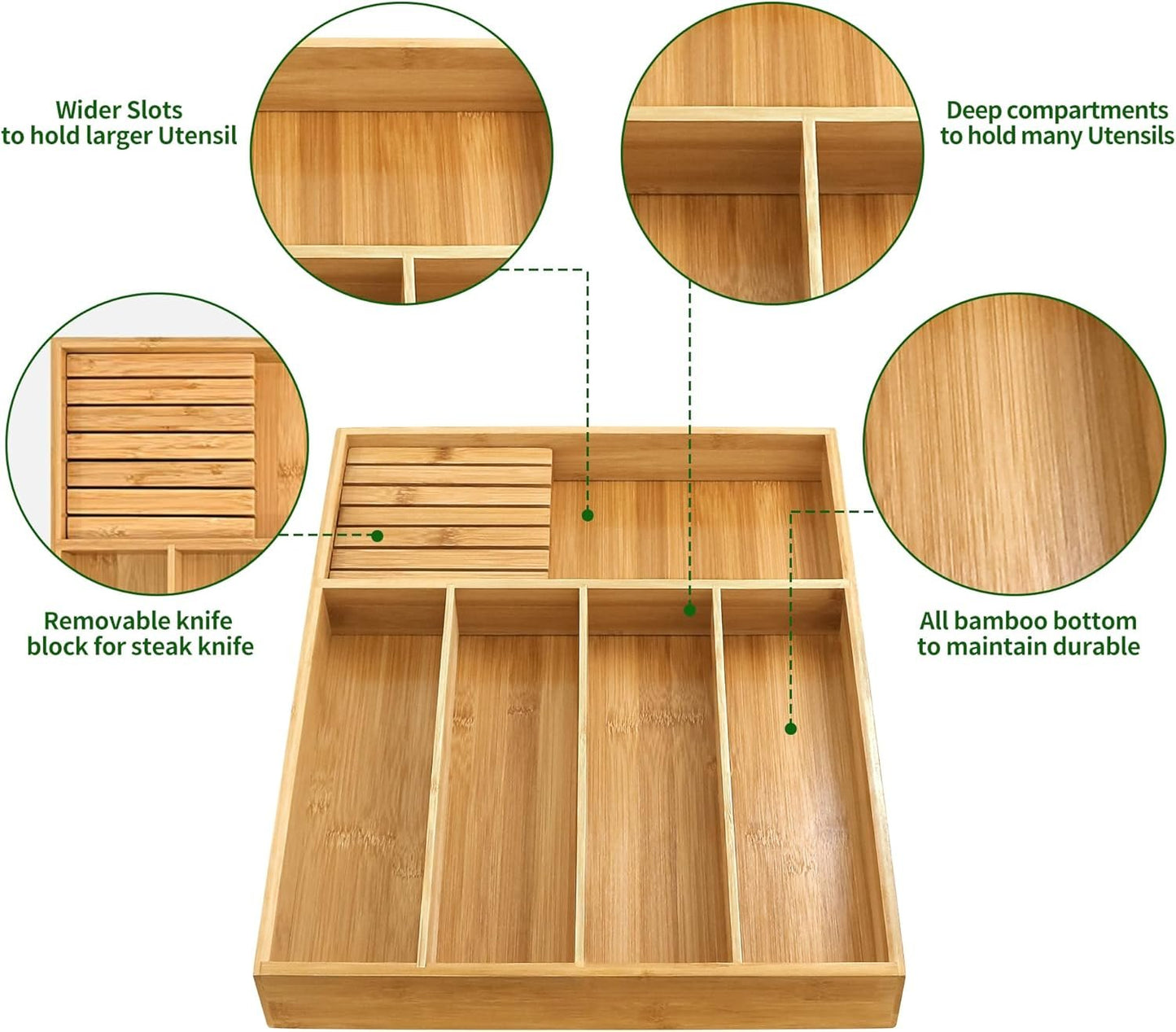 VaeFae Bamboo Cutlery Organizer, Utensil Holder for Drawer, Wooden Cutlery Tray with Divider for Kitchen, Flatware Storage with Removable Knife Block
