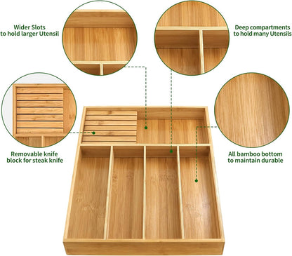VaeFae Bamboo Cutlery Organizer, Utensil Holder for Drawer, Wooden Cutlery Tray with Divider for Kitchen, Flatware Storage with Removable Knife Block