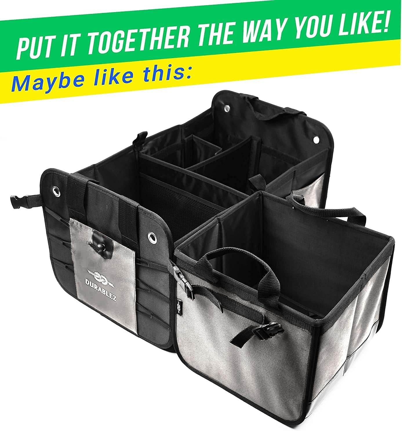 Large Car Trunk Organizer - Trunk Storage - Modular Detachable Configurable Collapsible - for SUV Minivan Truck Sedan Van - 3 Compartment XL, Two Shades of Gray