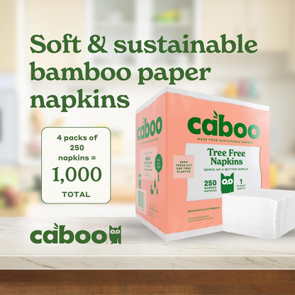 Caboo Tree Free Paper Napkins, 4 Packs of 250, 1000 Total Napkins, Eco Friendly, Sustainable, and Disposable Kitchen Napkins