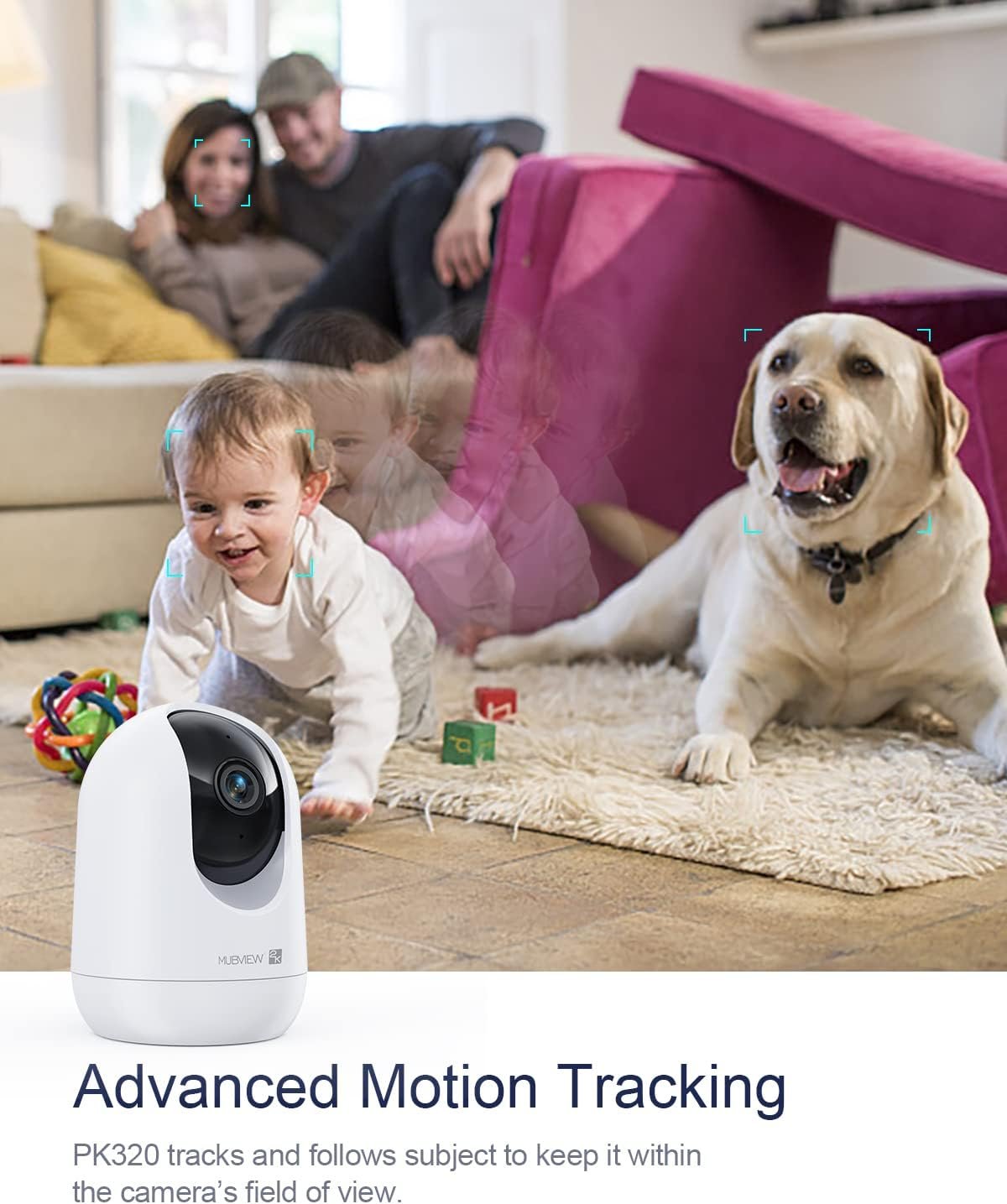 MUBVIEW Cameras for Home Security, 2,4G WiFi 2K Indoor Wired Security Baby/Pet Camera with Phone App, Night Vision, 24/7 Record, 2-Way Audio, Motion Tracking, SD and Cloud Storage