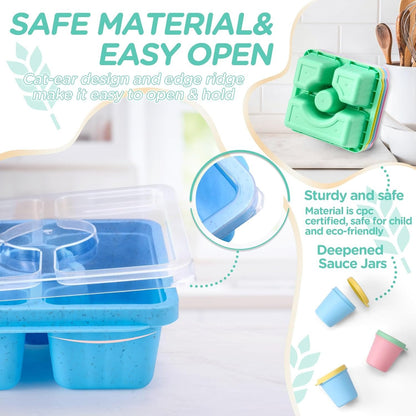 QQKO Bento Snack Box for Adults Kids, Lunchable Meal Prep Container Reusable, 4 Pack Divided Food Storage With Lids, Stackable Lunch Box With Sauce Cups, Pastel