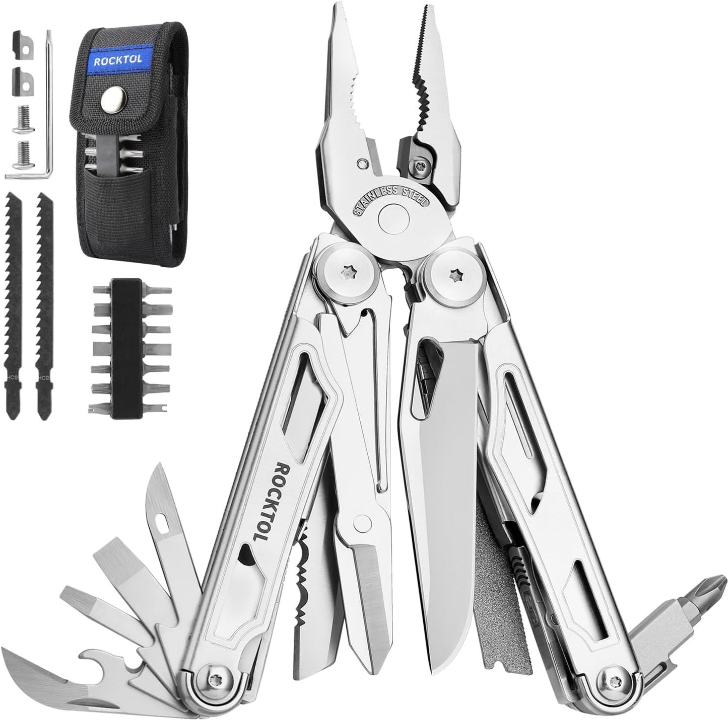 ROCKTOL Multitool, 29-in-1 Multitool Pliers with Replaceable Wire Cutters and Saw, Heavy-Duty Stainless Steel Multitool Set and Nylon Sheath for Camping Survival Gifts for Man
