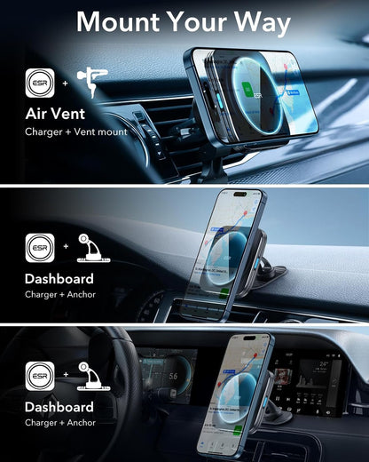 ESR for Qi2 15W MagSafe Car Mount Charger, Qi2-Certified MagSafe Car Charger, Air Vent/Dashboard Magnetic Wireless Car Charger,Car Phone Holder Mount for iPhone 16/15/14/13/12/Galaxy S25,Fast Charging
