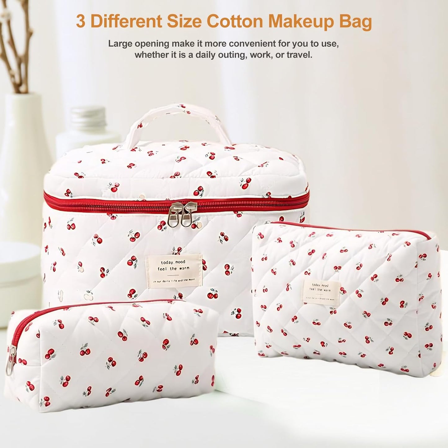 TOPALL Women's Travel Beauty Case, Large Cosmetic Bag for Travel, Make-Up Bag for Women, Updated Cotton Leather, Toiletry Makeup Bag Organizer, 2-Red Cherry (Large+Medium+Pouch)