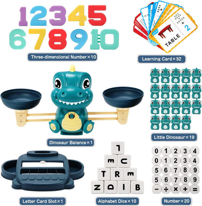 Qizebaby Kids Learning Toy Set for 3 4 5 6 7 8 Year Olds,Dinosaur Balance Counting Math Toy with Matching Letter Spelling Gamesï¼ŒMath & Cards Learning Preschool Educational Gameï¼ŒGift for Boys Girls