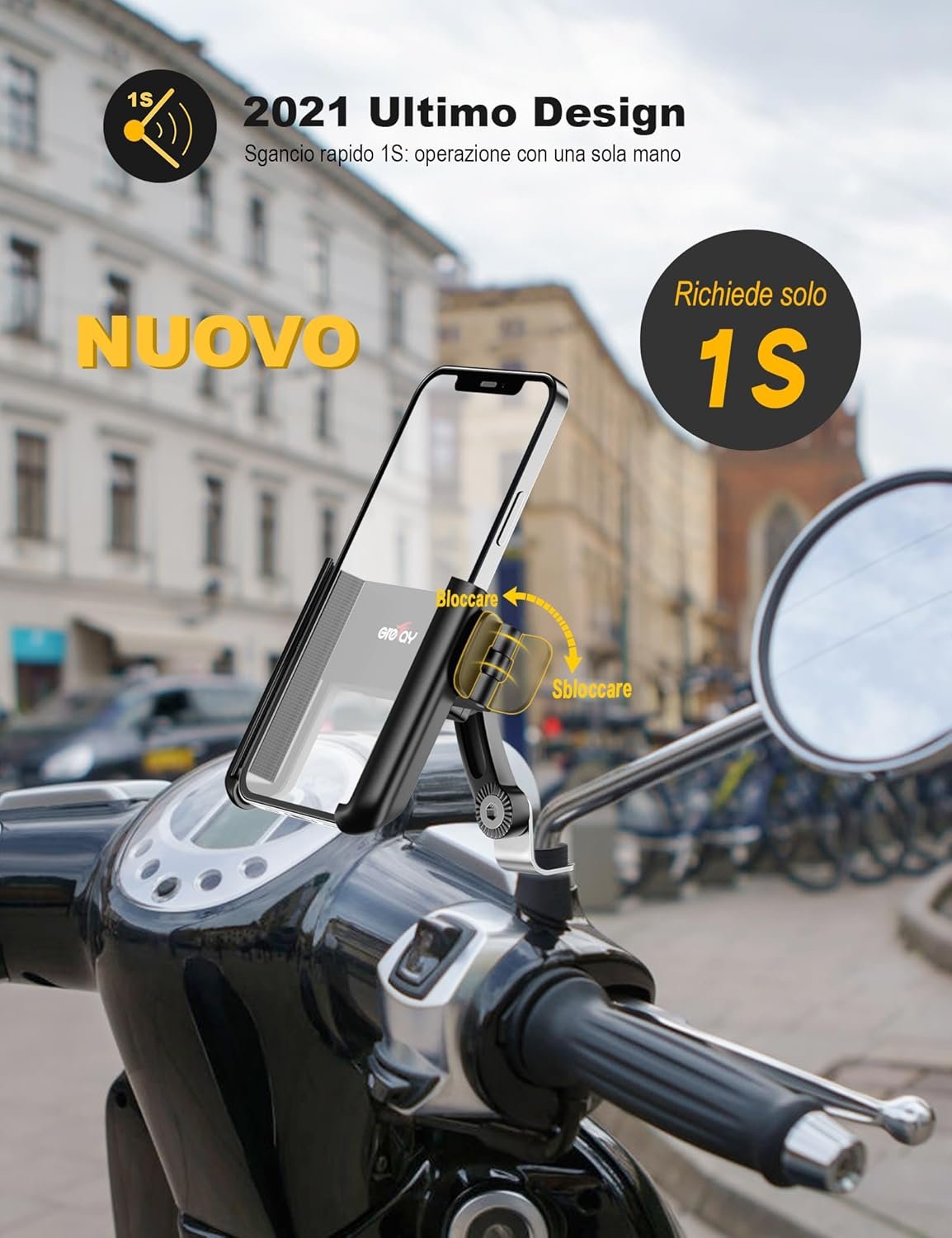 Grefay Motorcycle Phone Holder 1S Quick Release Mobile Phone Holder Anti Shake Mirror for 3.5-7.0 Inch Smartphone 360° Rotatable