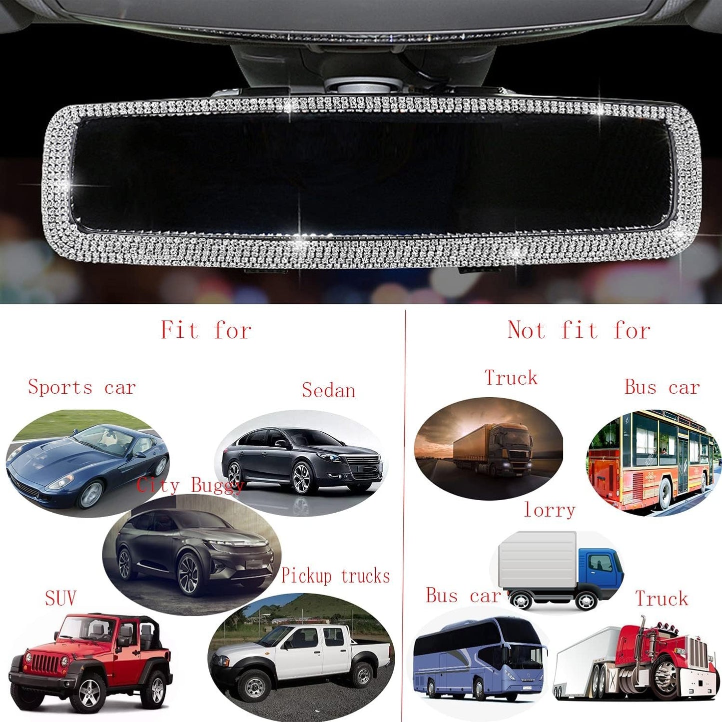 Bling Rhinestone Car Rear View Mirror, Mirror with Crystal Diamonds Rhinestones for Women,Car Interior Trim. ( Sliver )