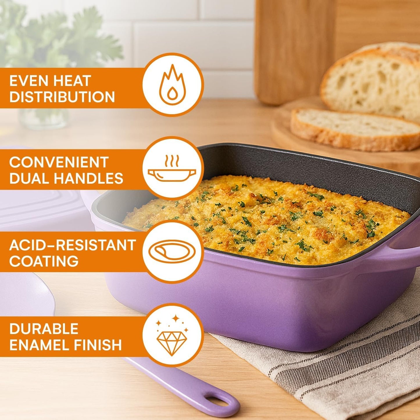 2 In 1 Enameled Square Cast Iron Baking Pan Cookware Dish With Grill Lid, 11-inch Multi Baker Casserole Dish, Lasagna Pan, Purple