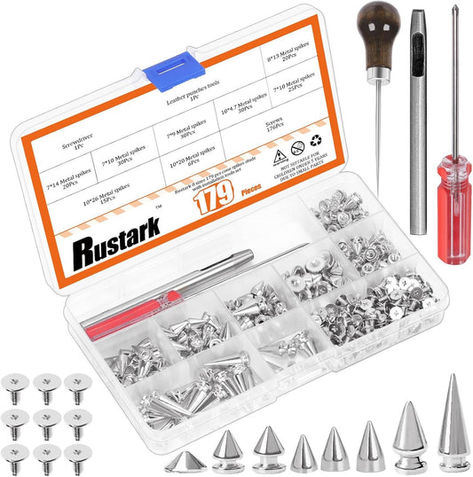 Rustark 179Pcs 8 Sizes Silver Metal Punk Spikes and Studs Assortment Kit with Tools Punk Rivet Studs Rivets Screw Screwback Studs Rivets for Punk Style Clothing Accessories Craft Decoration