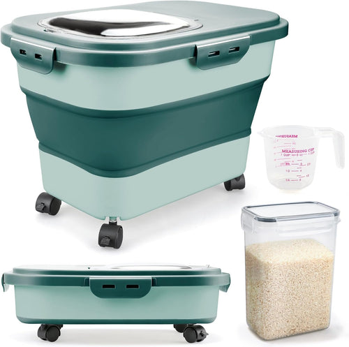 Komzon Rice Storage Containers, Collapsible 10 to 30Lbs Food Storage Bin Dispenser with Rolling Wheel and Clear Airtight Lid, BPA Free Flour, Sugar, Cereal and Dog Cat Pet food Containers
